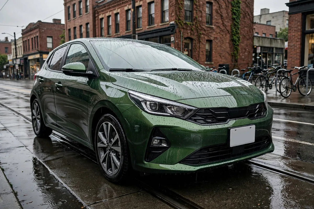 Green compact car gleaming after a full detail on a rainy Portland street