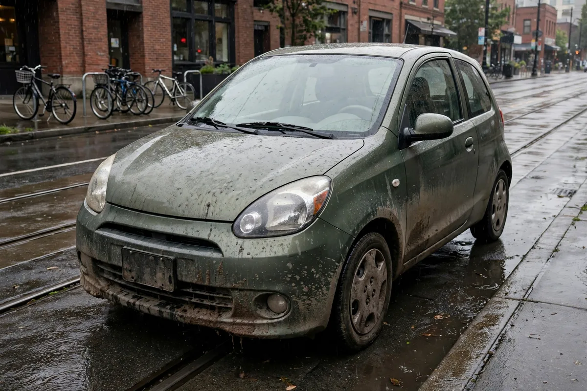 Green compact car before detailing on a rainy Portland street