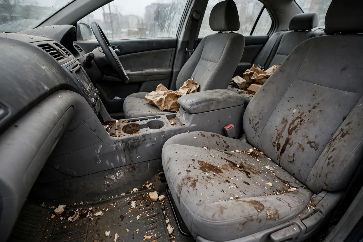 Car interior before detailing, with crumbs and stains