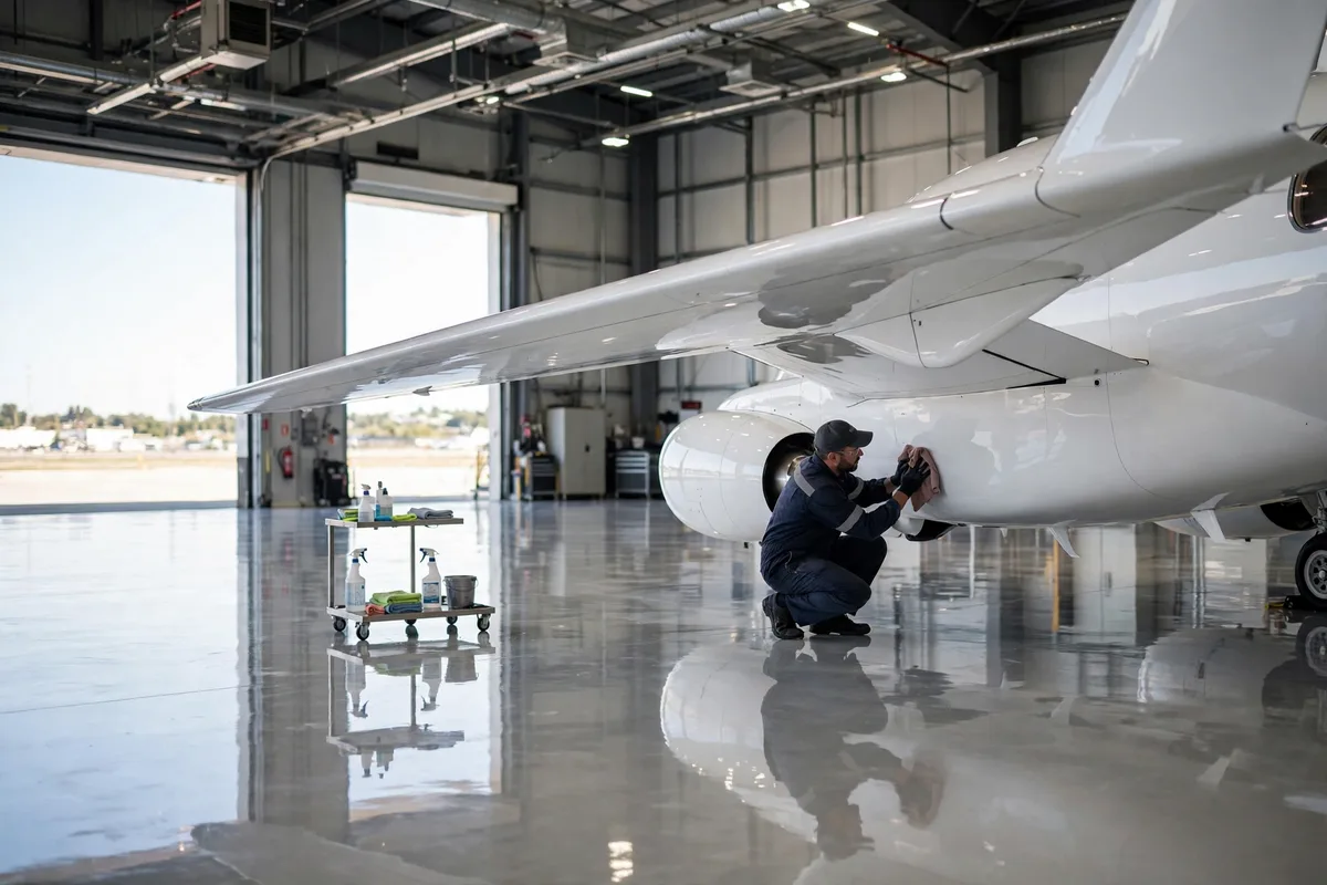 Private jet being detailed inside a hangar