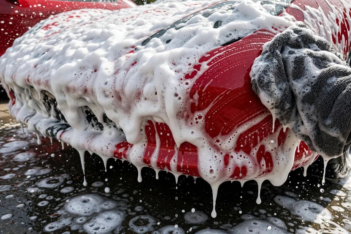 Red sports car covered in foam during a hand wash