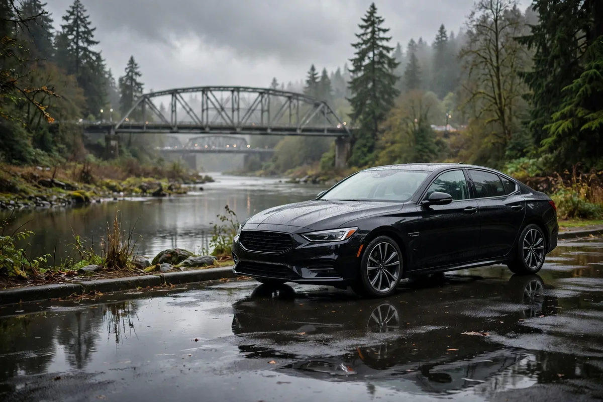 Gleaming black sedan near a Willamette River bridge after rain