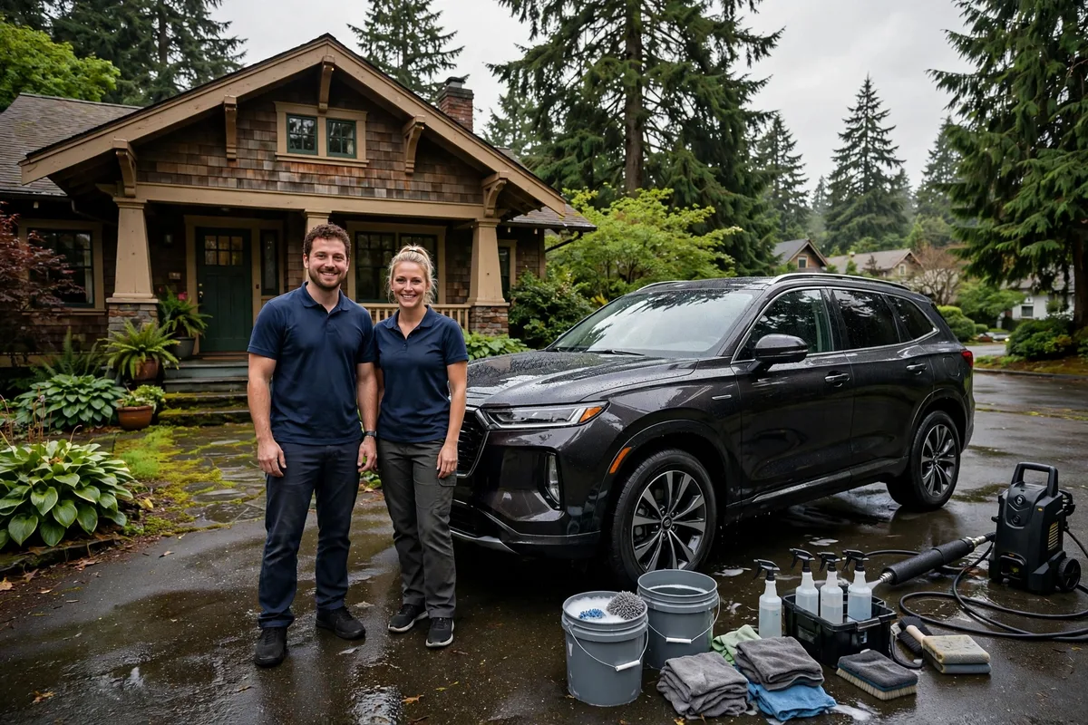 ShinePro mobile detailing team beside a freshly detailed SUV in a Portland driveway