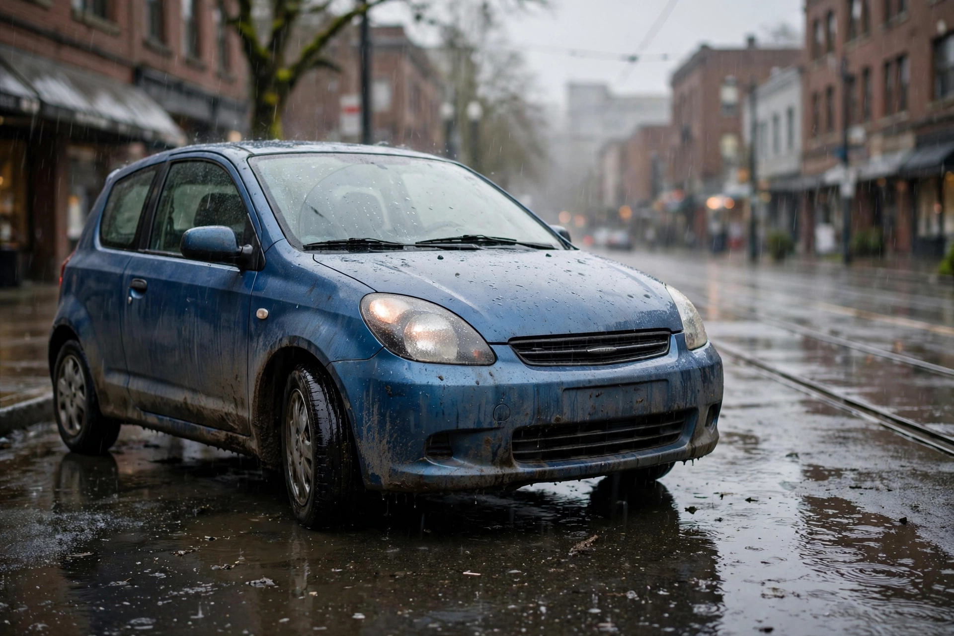 Auto compacto azul con lodo y sin brillo en una calle lluviosa de Portland, antes del detallado