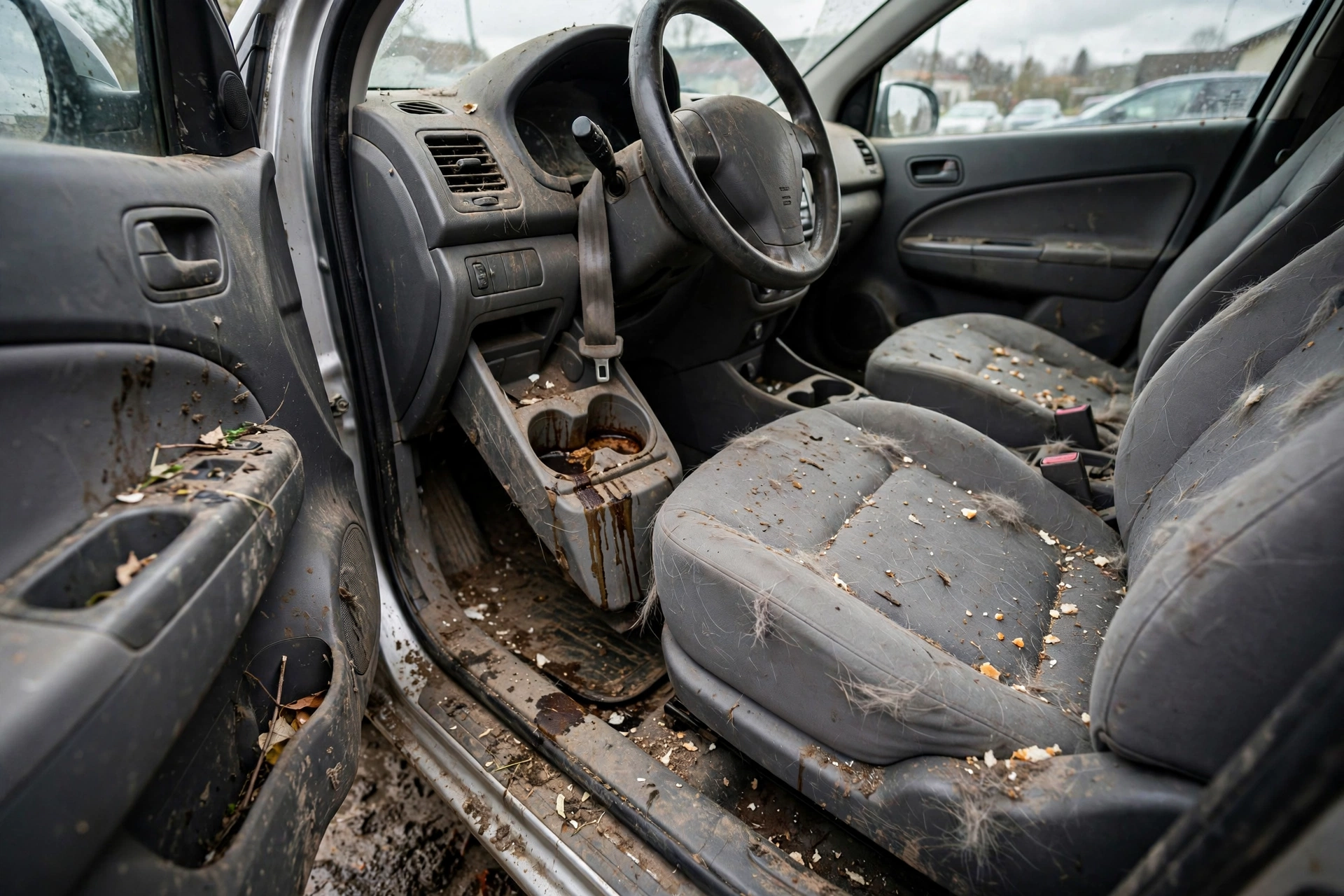 Interior de auto sucio con lodo, migajas y pelo de mascota, antes del detallado interior