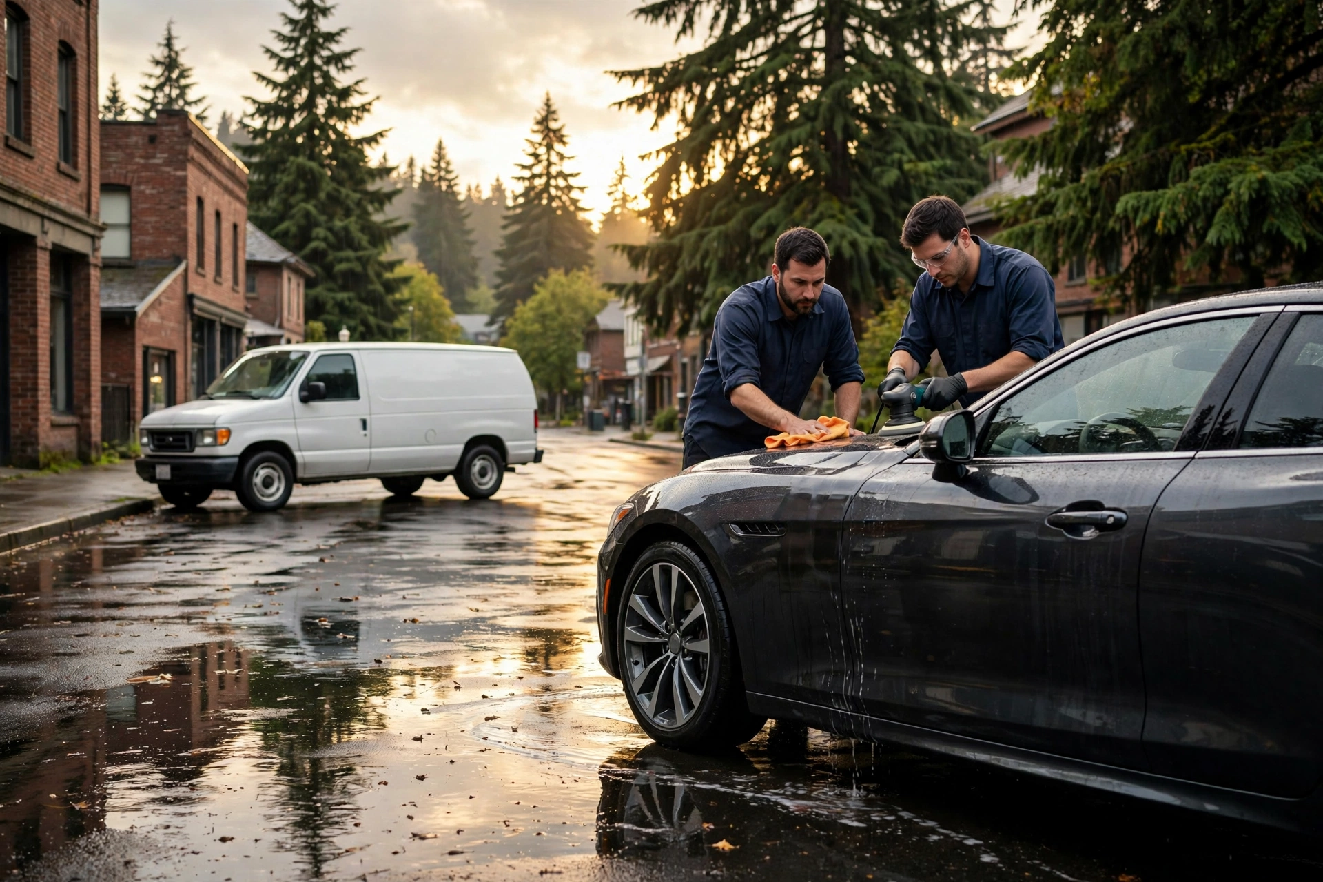 Equipo de detallado de ShinePro puliendo un auto en una calle de Portland después de la lluvia