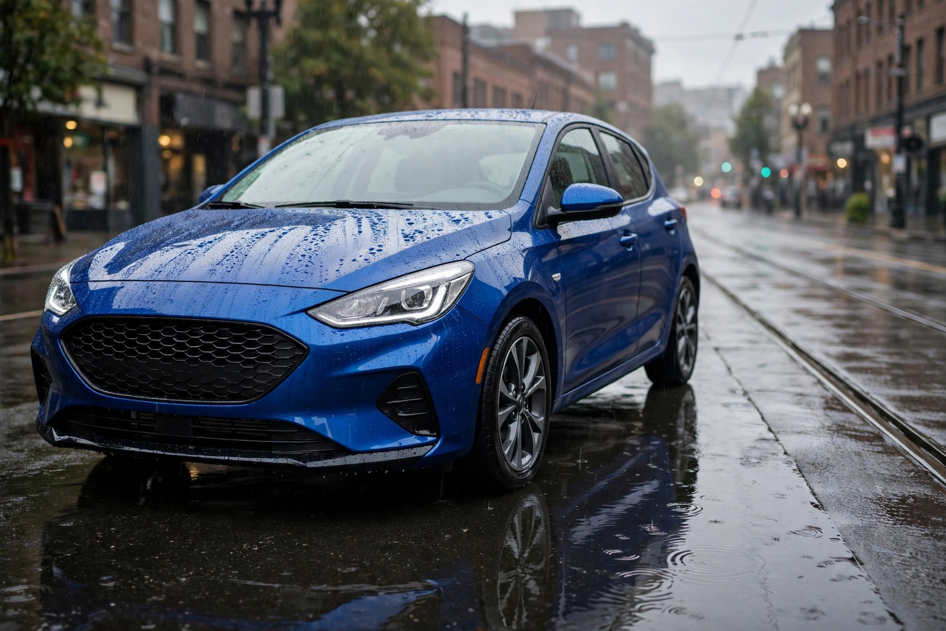 El mismo estilo de auto azul ya detallado, con brillo espejo y gotas de lluvia brillando, después del detallado