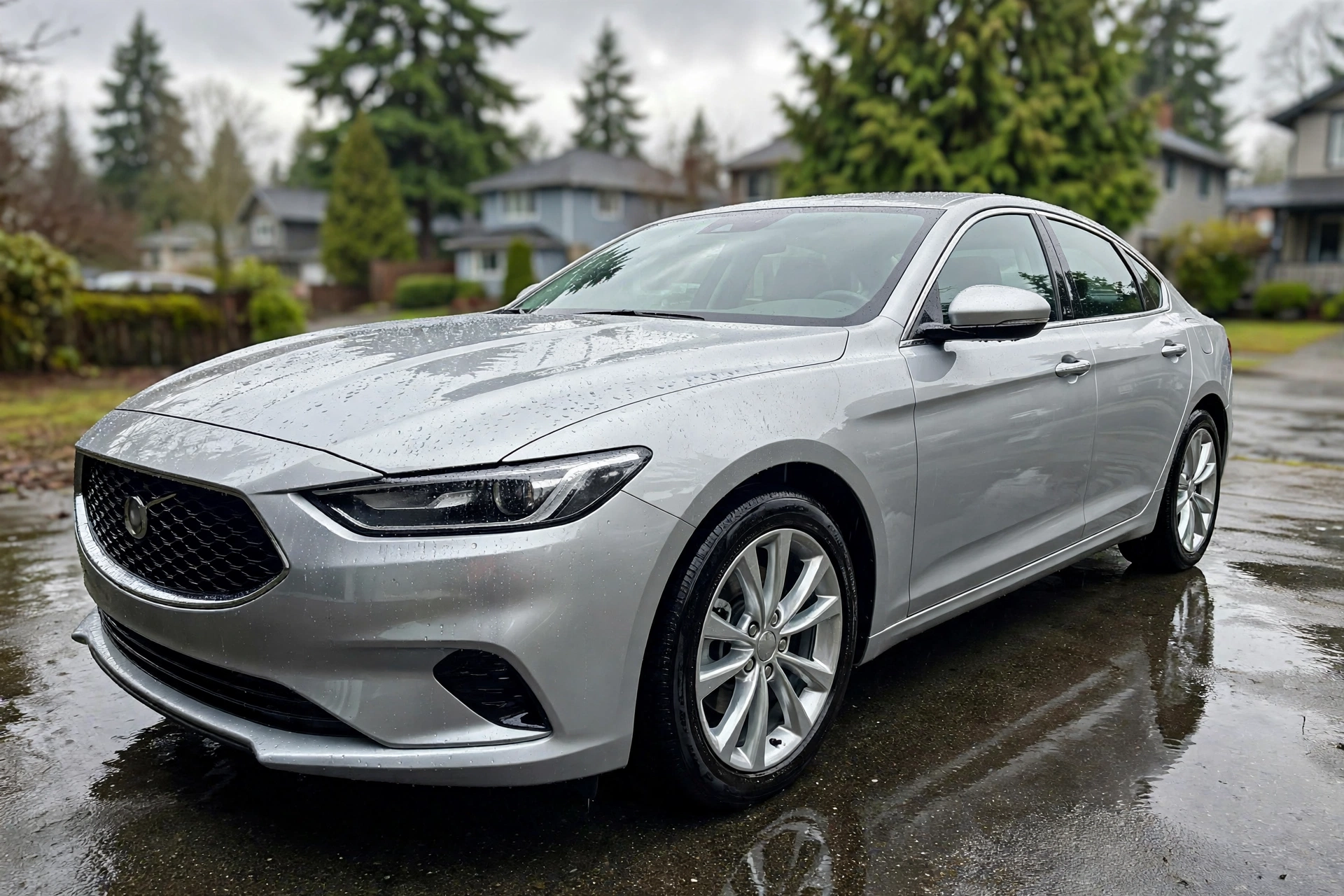 Silver sedan after a ShinePro full detail — glossy paint, clean wheels and beading water