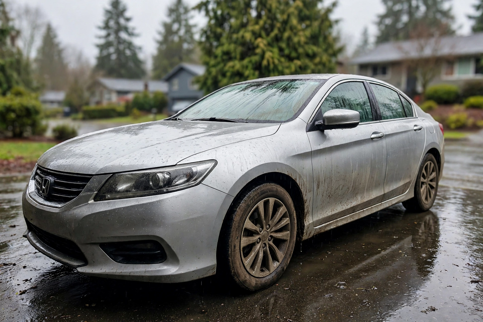 Silver sedan in Seattle rain before detailing — dull, water-spotted and covered in road grime