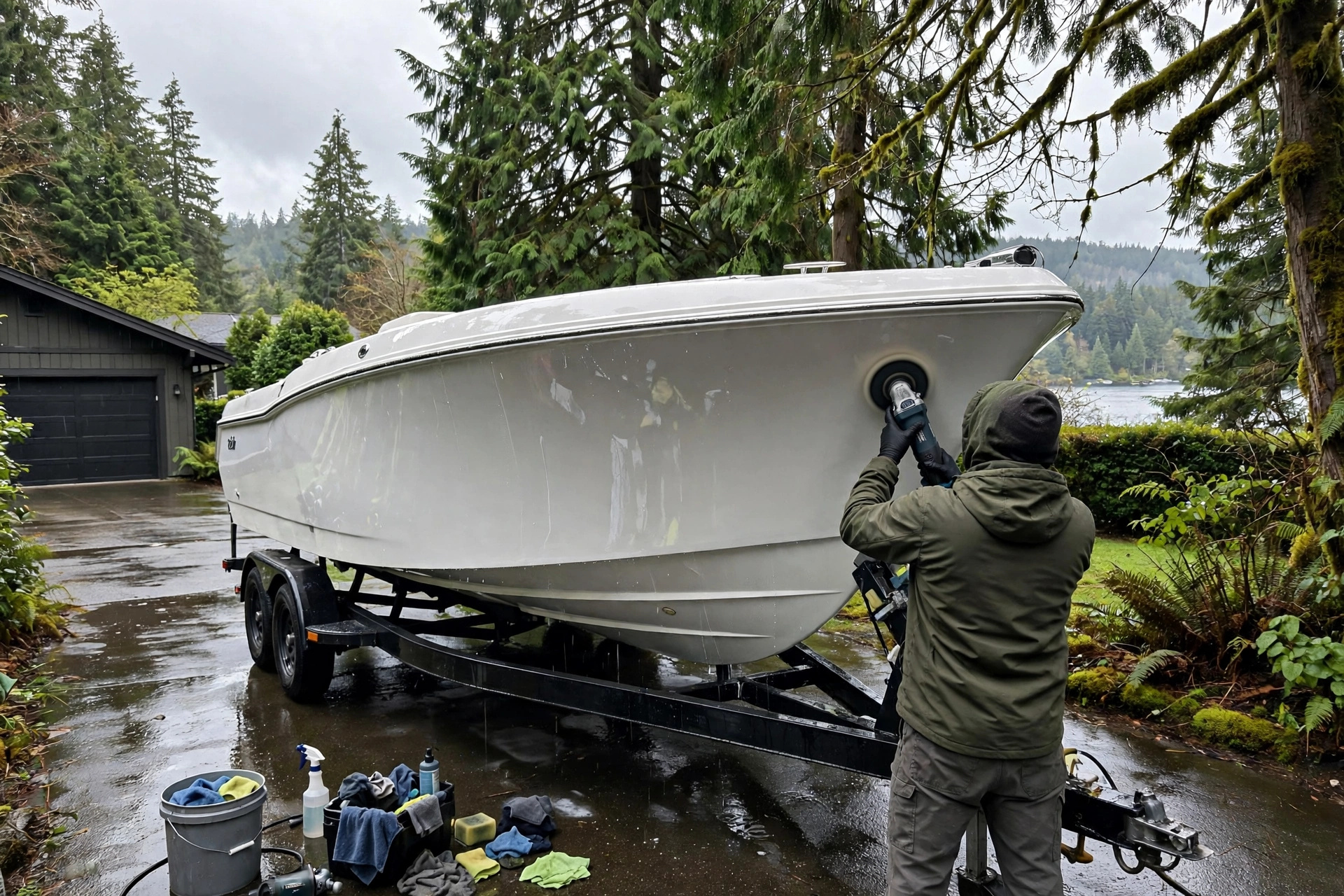 White motorboat on a trailer being polished and detailed