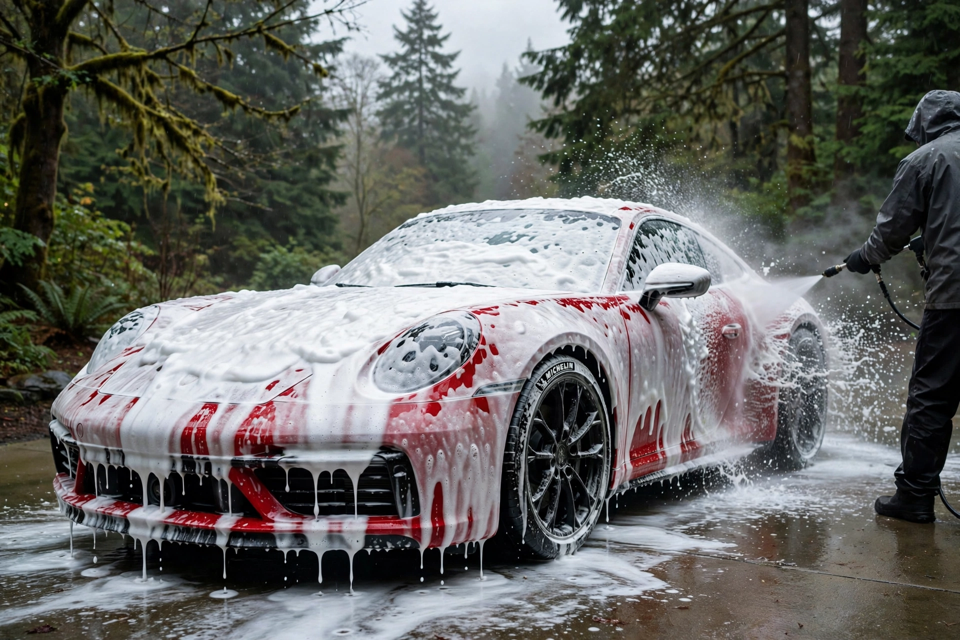 Red coupe covered in foam during a foam-cannon hand wash