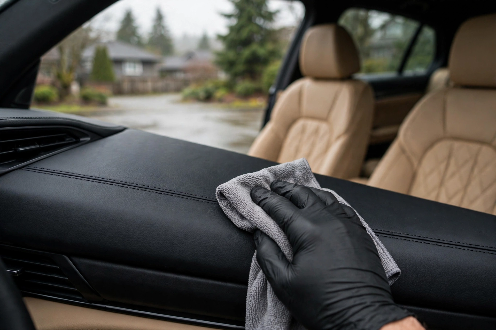 Freshly detailed car interior with cleaned leather dashboard