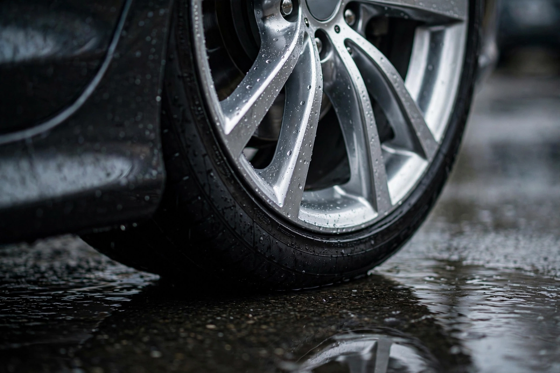 Polished alloy wheel and dressed tire with water beading on paint