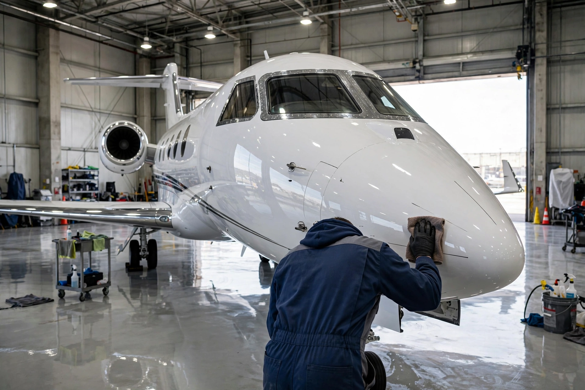 Private jet inside a hangar being detailed to a glossy shine