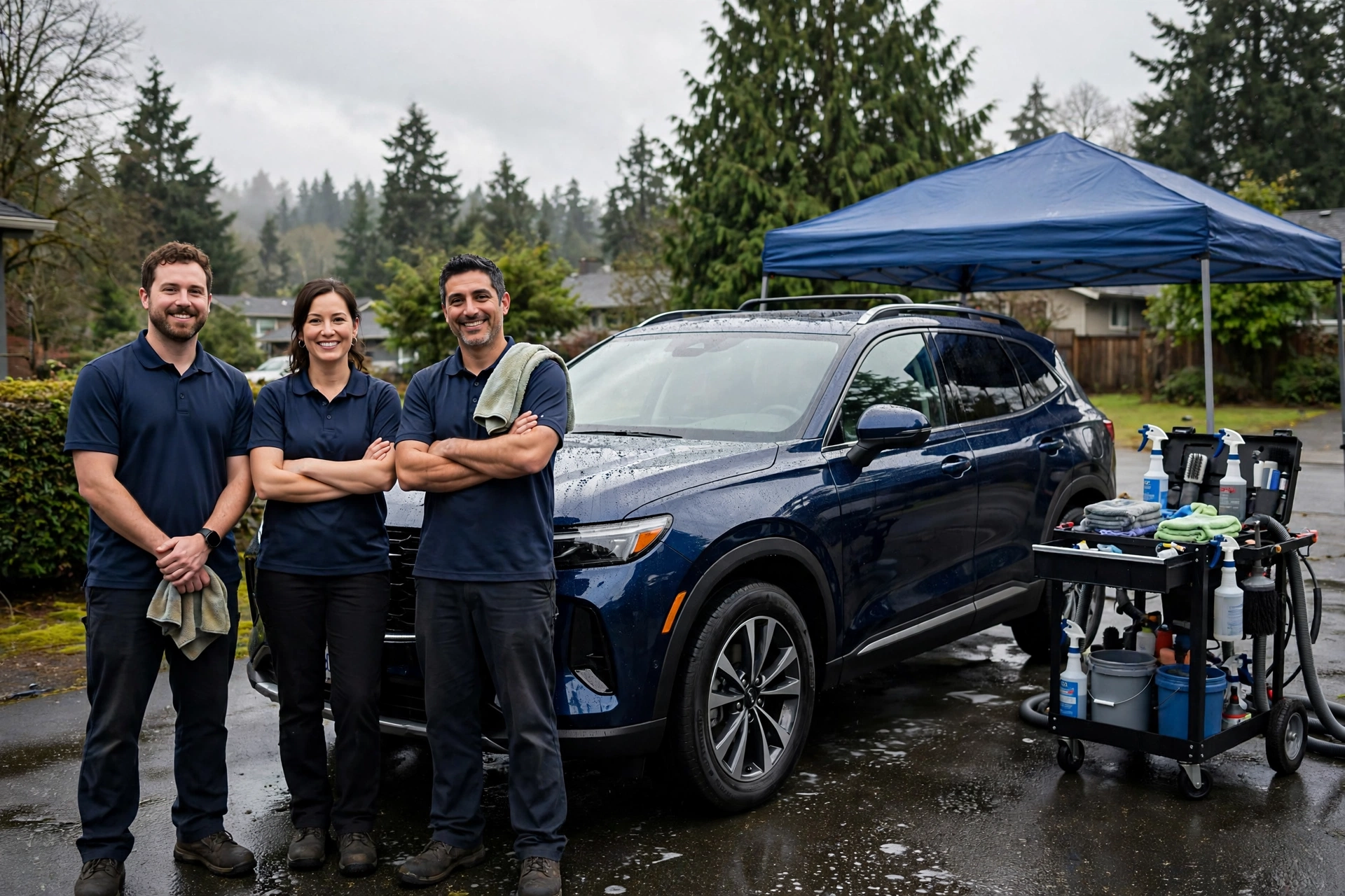 ShinePro mobile detailing team beside a freshly detailed SUV in Seattle
