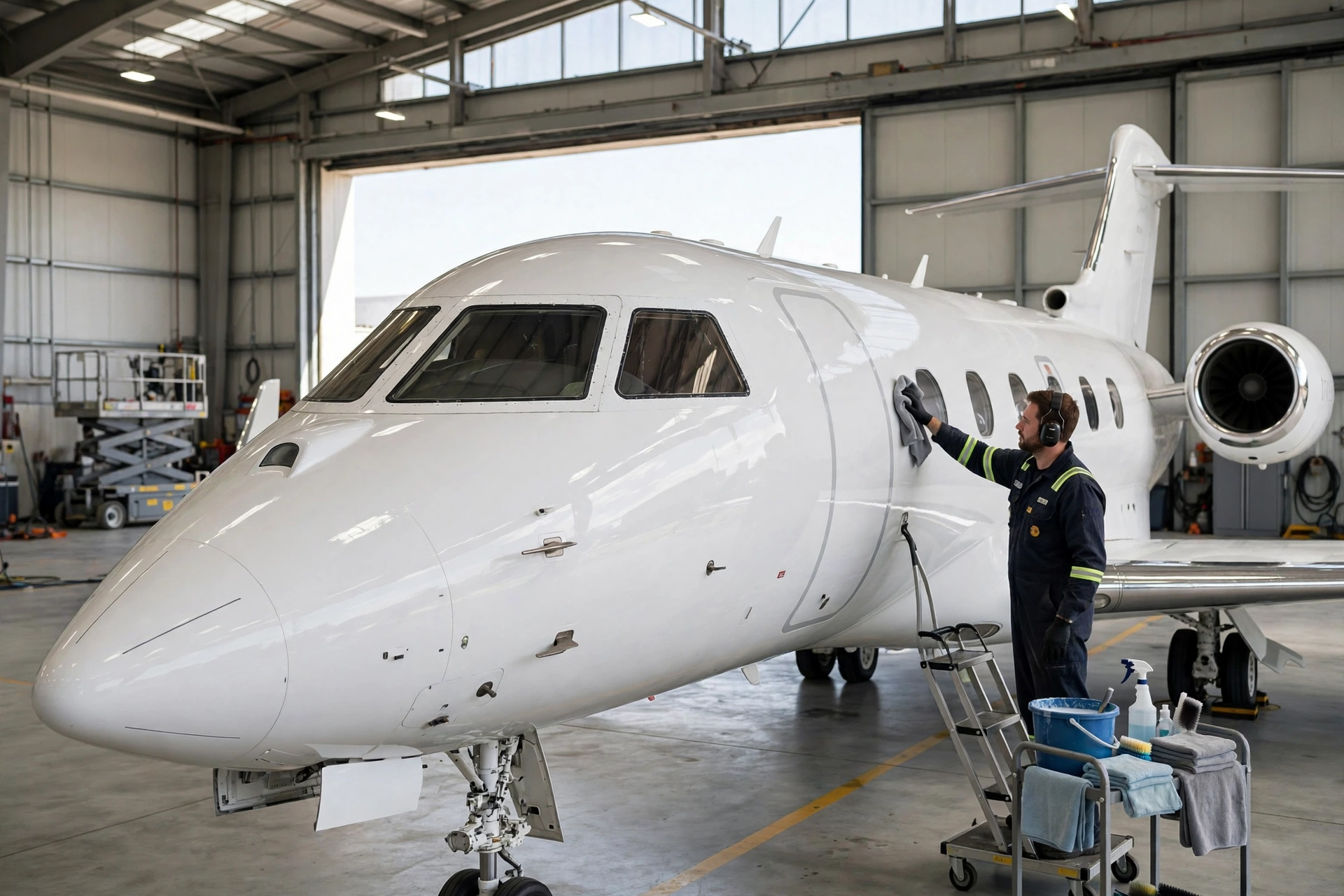 Avión privado en hangar recibiendo detallado