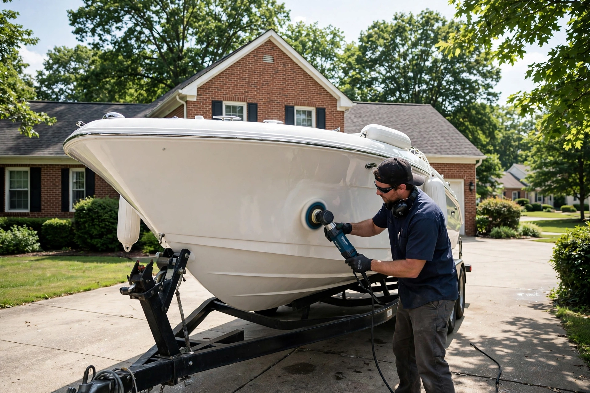 Boat on a trailer at a St Louis home being detailed