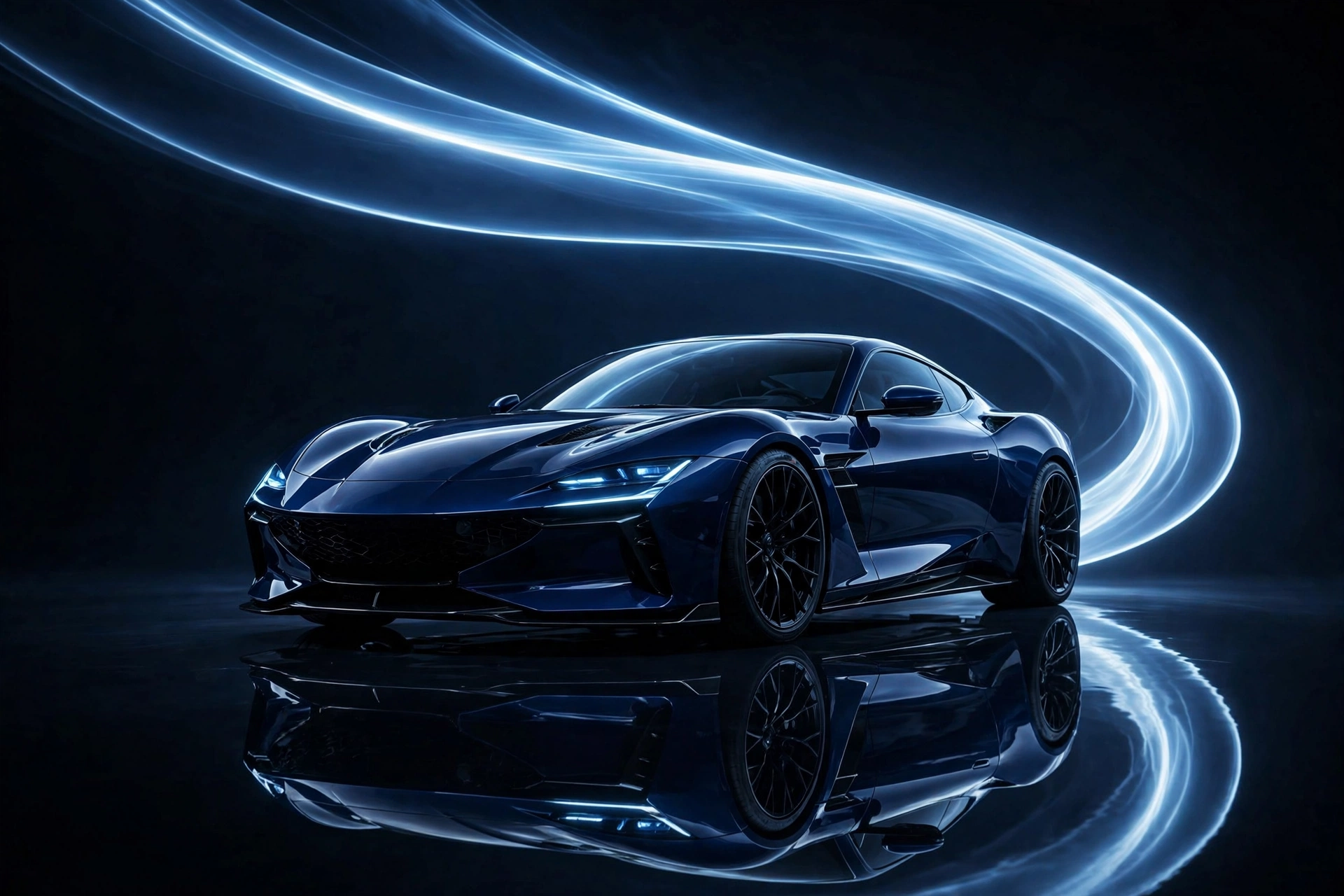 Navy sports car with liquid mirror shine under studio light