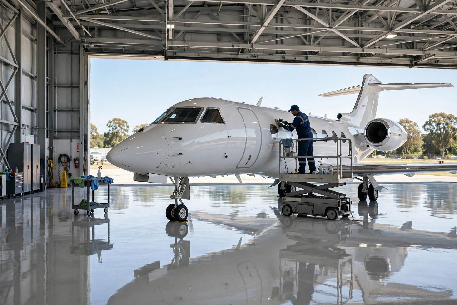 Private jet being hand-detailed inside a hangar