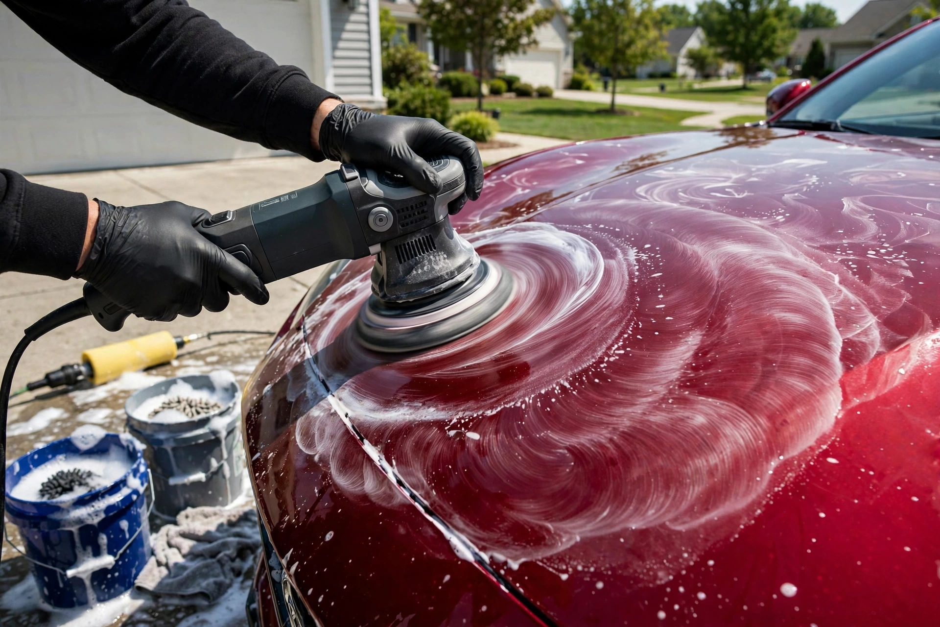 Detailer machine-polishing the hood of a red coupe