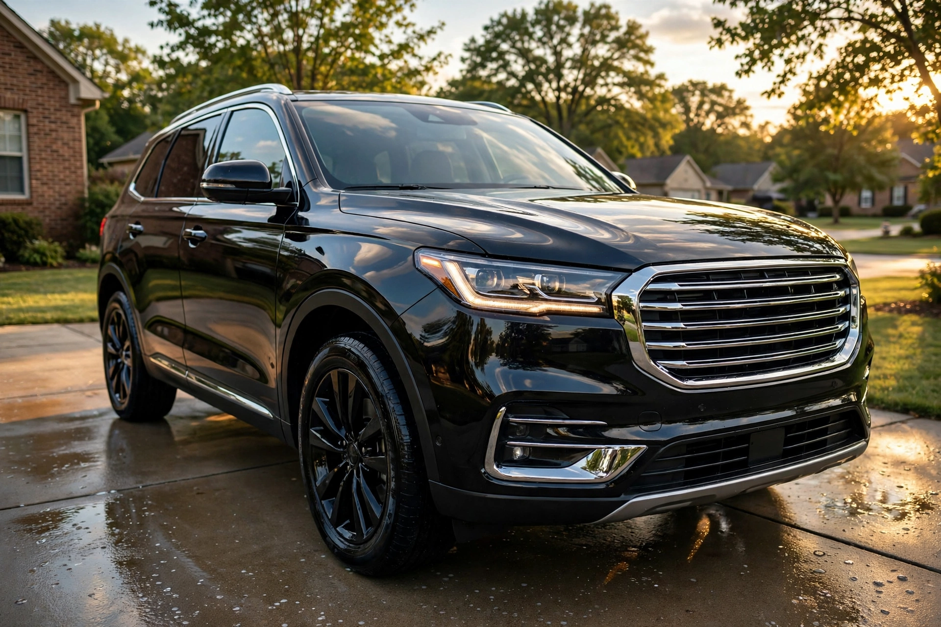 Black SUV gleaming after a full detail in a Missouri driveway