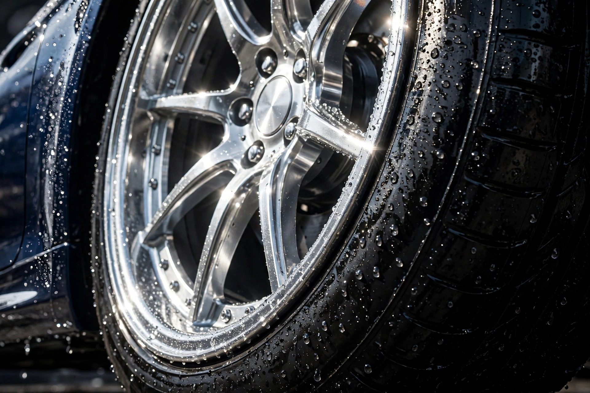 Close-up of a sparkling detailed alloy wheel and glossy tire
