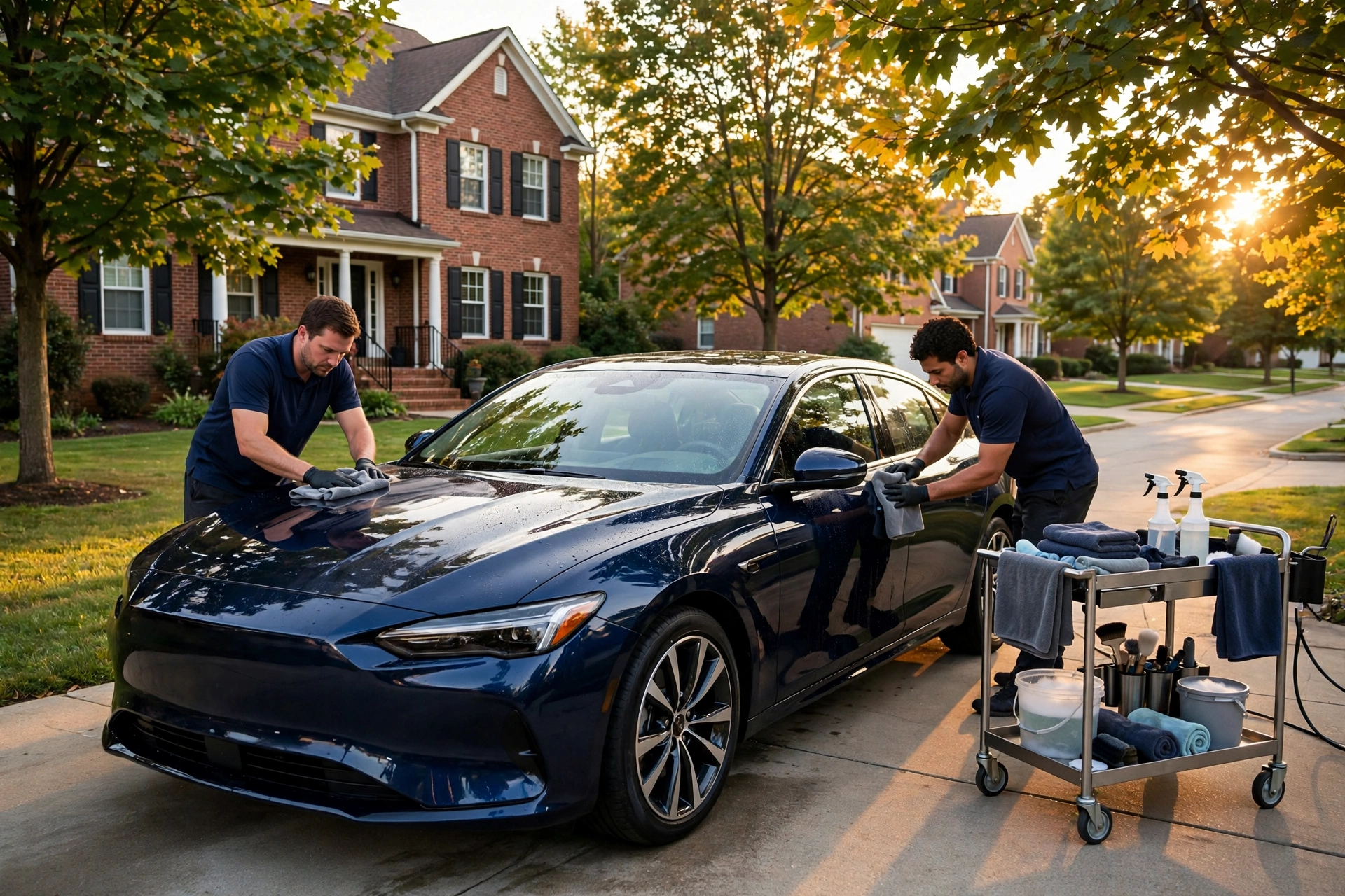 ShinePro detailing team hand-polishing a sedan in a St Louis suburban driveway