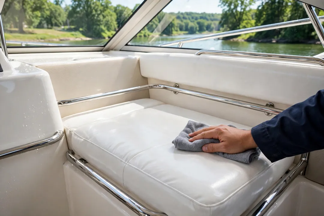 Interior de un bote recreativo impecable, con asientos de vinil blanco recién limpiados y el río al fondo