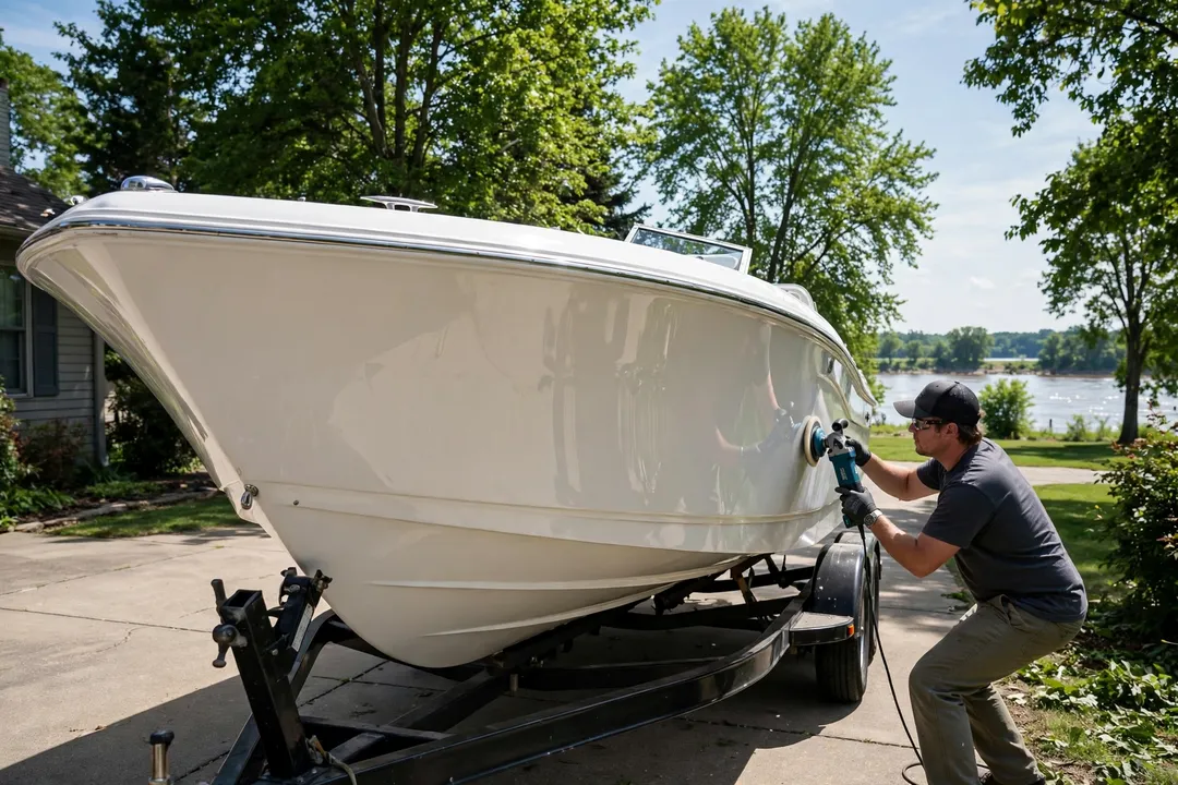 Técnico puliendo el casco de un bote blanco junto al río Misisipi