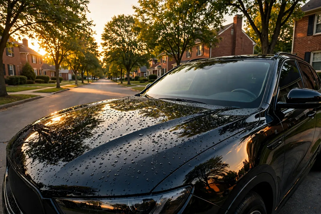 Camioneta negra con gotas de agua perladas sobre el cofre al atardecer en una calle de St Louis