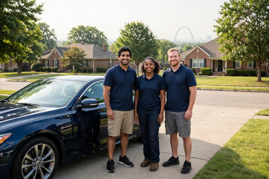 Equipo de detallado de ShinePro junto a un sedán azul reluciente en una entrada de St Louis, con el Arco Gateway al fondo