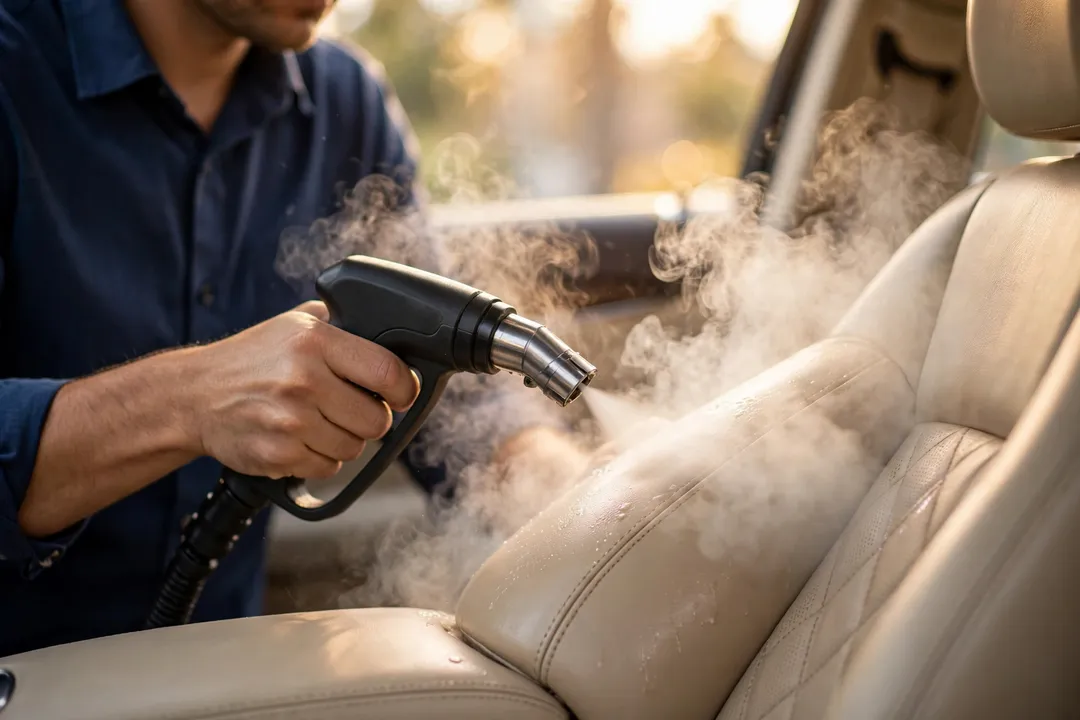 Limpieza a vapor de un asiento de cuero color crema durante un detallado interior